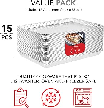 Stock Your Home Aluminum Pans - 15 Pack Disposable Aluminum Foil Trays - Reusable Nonstick Baking Sheets - 16 Inch x 11 Inch