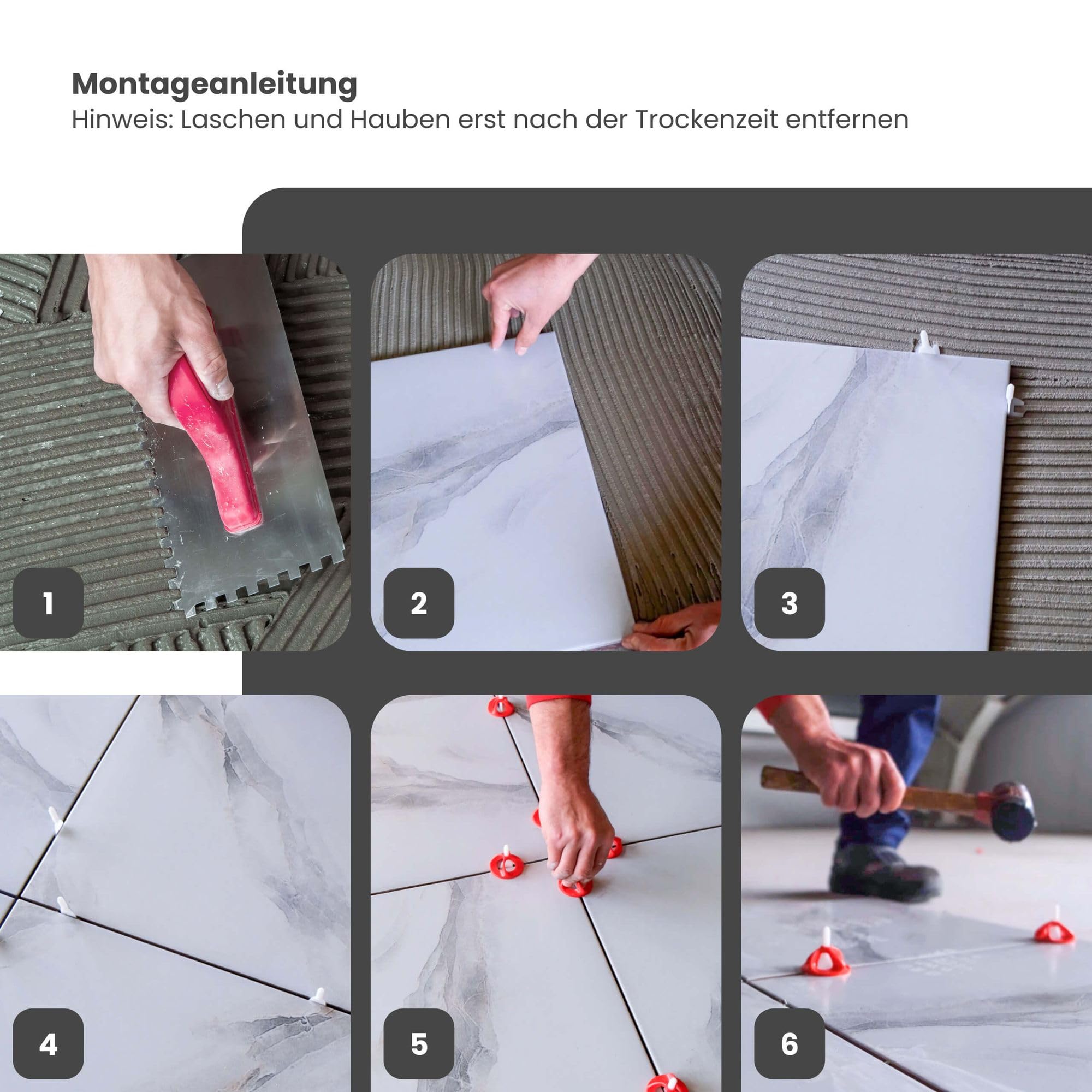 Fliesen Nivelliersystem, 2mm, Set: 1300tlg., 1000 Laschen + 300 Hauben, Verlegehilfe Set, Fliesenleger Werkzeug, Fliesenkeile Kunststoff, Abstandshalter Fliesen, Verlegesystem