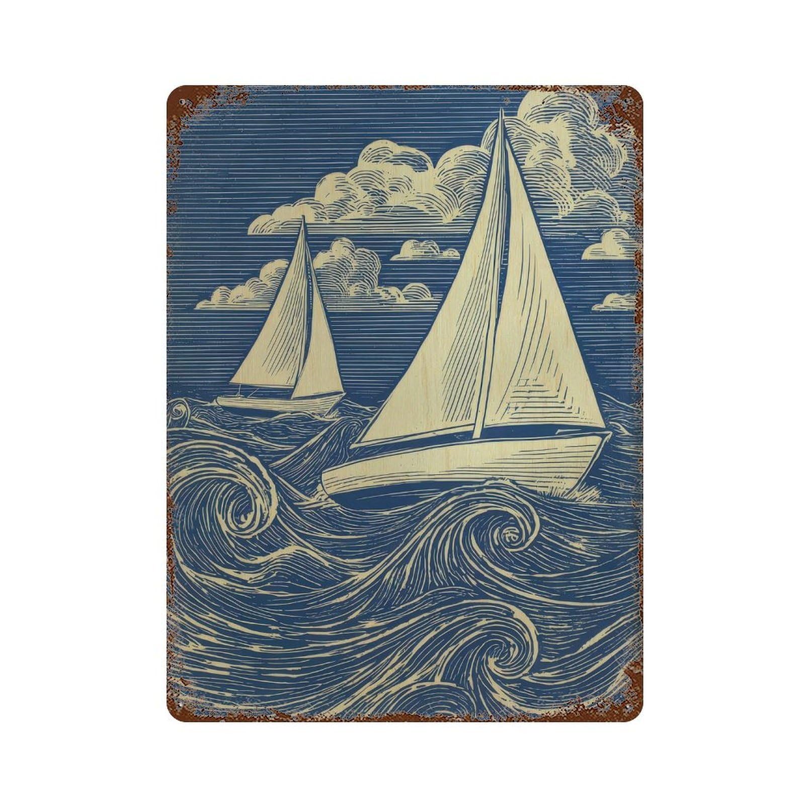 xiaoxiaoshen Sailboats On Ocean Waves. Nautical Woodcut Style Wall Decor Art Metal Tin Poster Modern Home Decor Art Home Bar Shop Decorations Vintage Sign 40x30cm