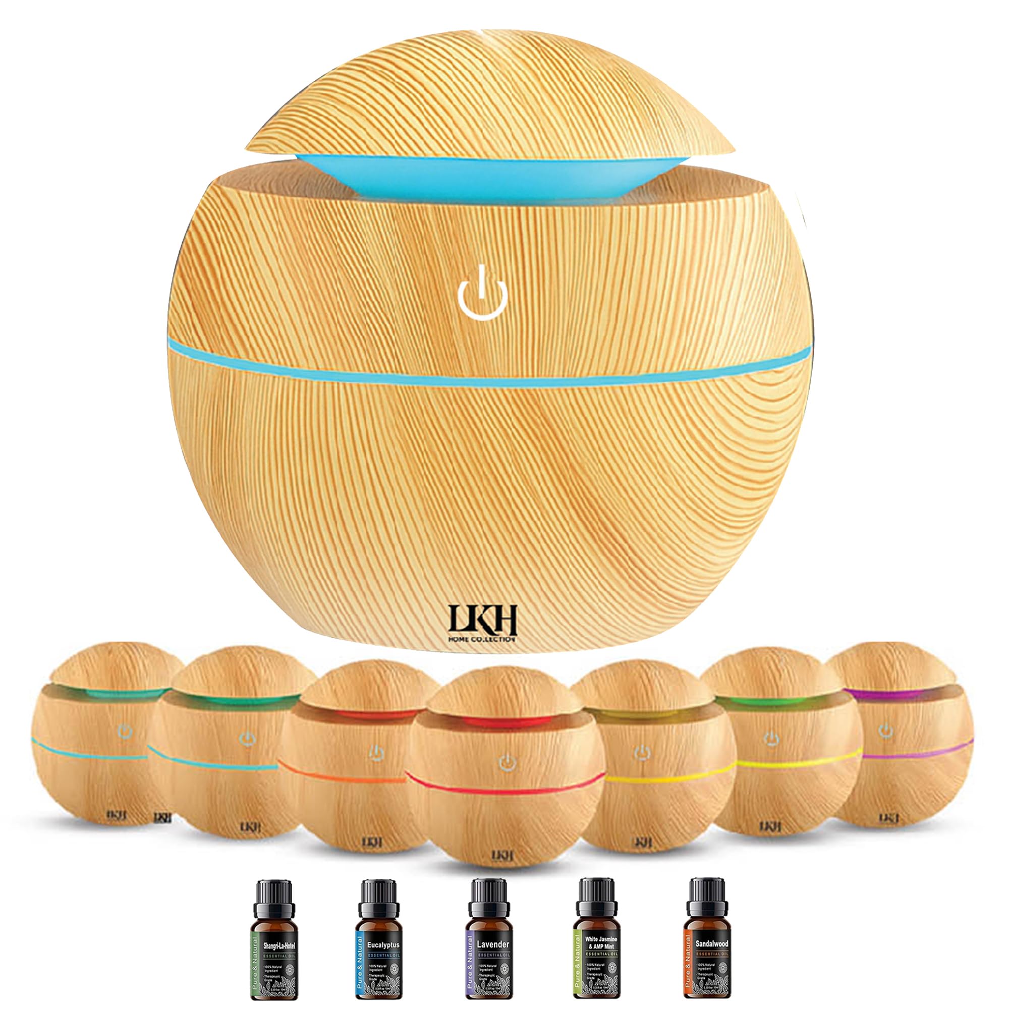 Lkh Home Collection Light Wood Grain Lkh Essential Oil Diffuser & Humidifier 130Ml - Aromatherapy Diffuser With 5 Oils - Usb Powered Led Mood Light - Humidifier For Home & Diffusers For Office, Bedroom - Easy To Fill & Clean