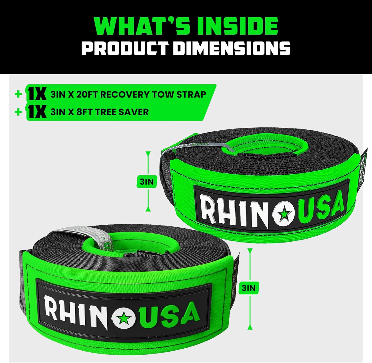 Rhino USA Recovery Tow Strap (3" x 20') & Tree Saver (3" x 8') Kit - Heavy-Duty Off-Road, Vehicle Recovery, Winch Anchor Protection