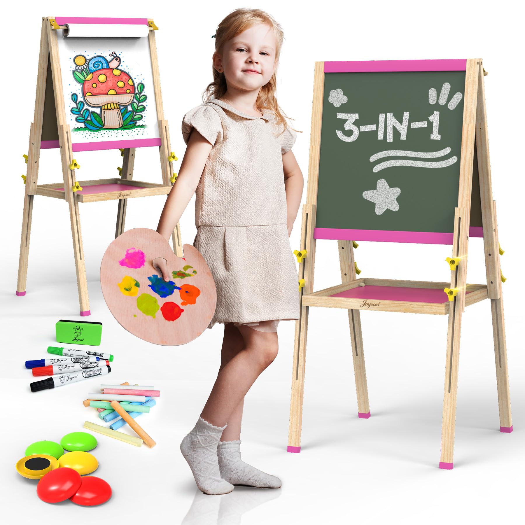 JOYOOSS Easel for Kids Art Easel Kids Easels for Toddlers Easel for 2 Year Old, Dual-Sided Adjustable Wooden Easel Magnetic Board for Kids Easel for Toddlers 2-4 Years and Art Easel for Kids Ages 4-8