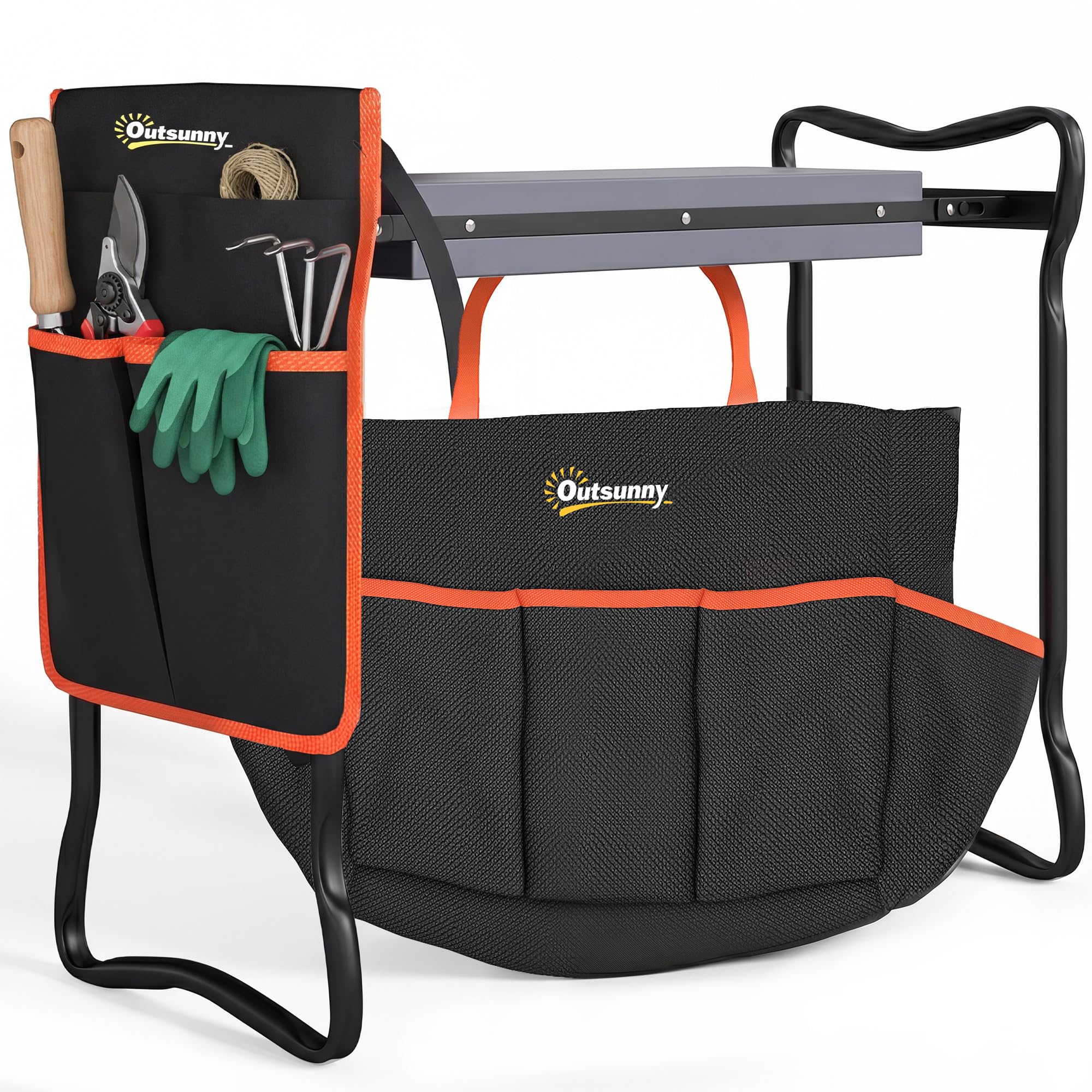 Outsunny Taburete de Jardín Plegable con Almohadilla de Espuma EVA, Asiento de Jardín Portátil con Bolsa para Herramientas en Cintura, Carga 150 kg, Regalo para Jardineros, Ancianos, Negro