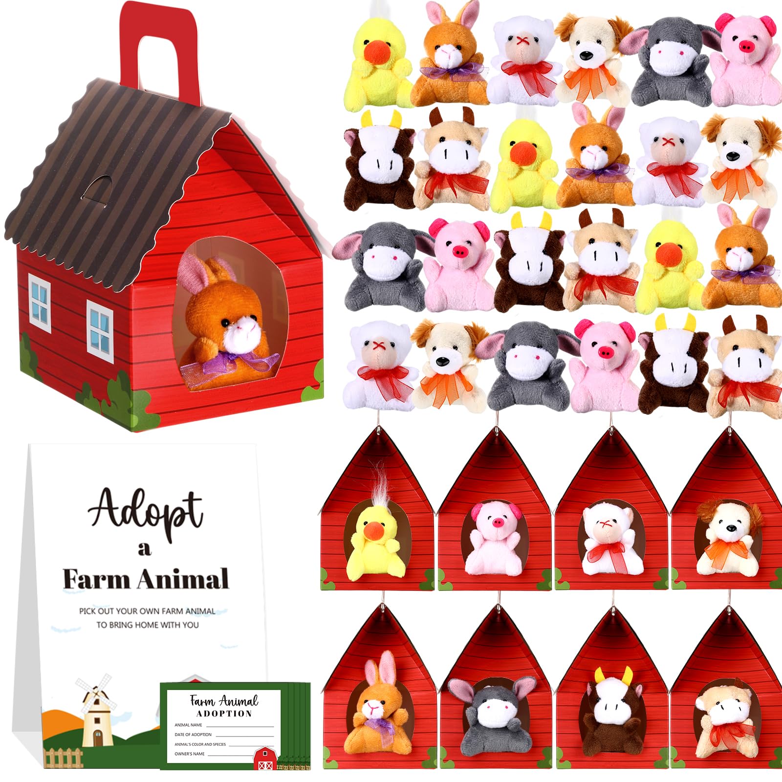 Blueweenly 73 Pcs Animal Farm Set Party Favors Mini Plush Farm Toys Foldable Red Carton Barn Adoption Cards 1 Sign Animal Bulk with Favor Bags for