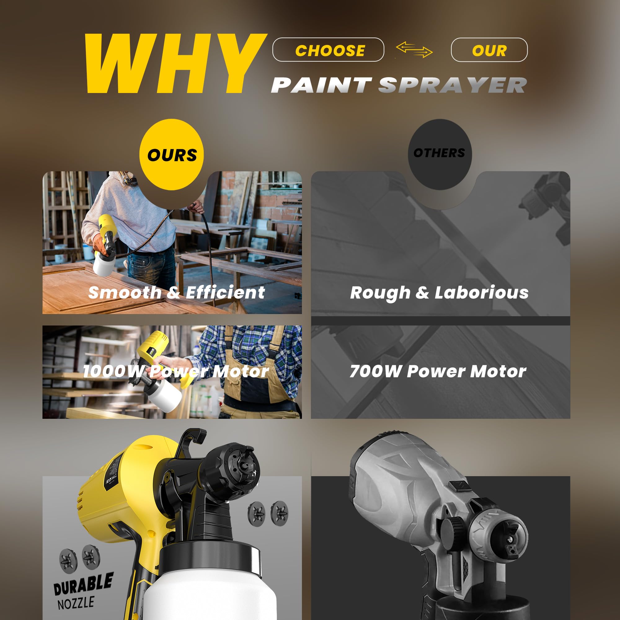 Paint Sprayer for House Painting, 1000W Spray Paint Gun, Easy Clean Design Electric Paint Sprayer Gun for Furniture, Cabinets, Walls, Doors, Fences & Decks-Yellow