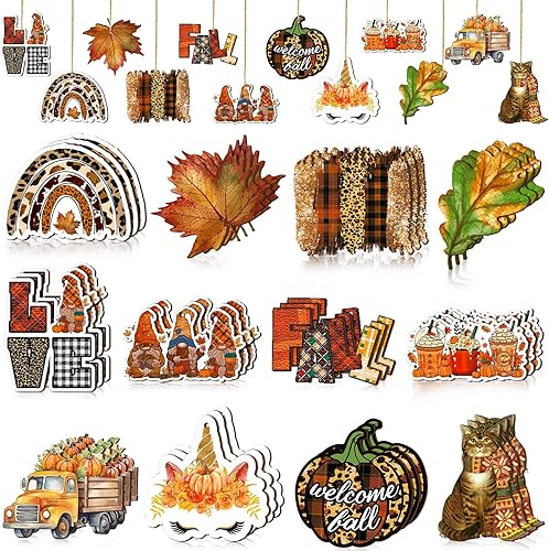 Miniatura 1 de 36 adornos de otoño de Acción de Gracias para árbol, gnomos, adornos colgantes de madera, calabazas, hojas, flores, recortes de mezcla de recortes,