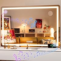 Vista 37 de Hasipu - Espejo de tocador con luces LED y altavoz Bluetooth, espejo iluminado de maquillaje de 32 x 22 pulgadas, con 3 modos regulables, puerto