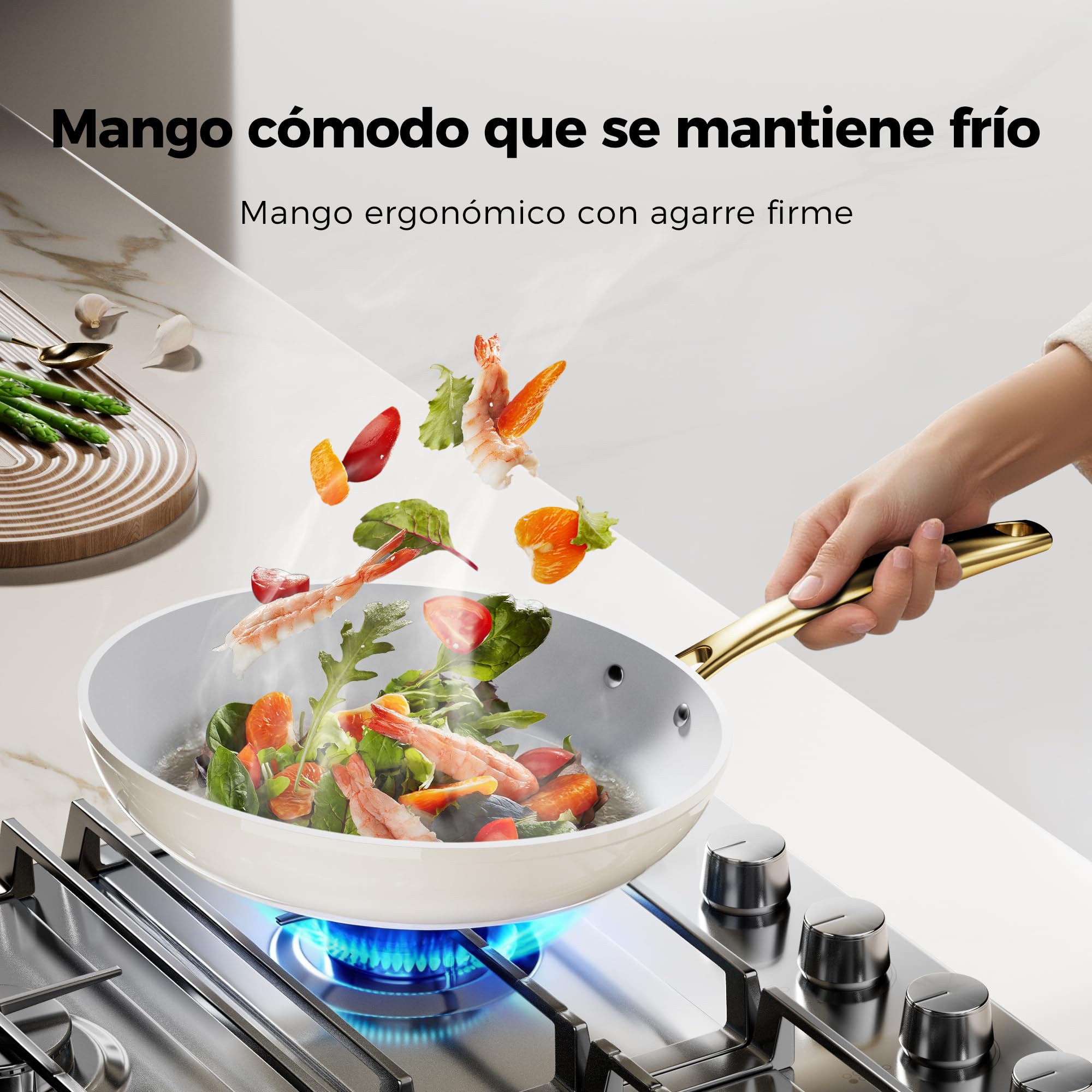Sanho Sartén antiadherente con mango dorado (8-10-12 pulgadas, 3 piezas)
