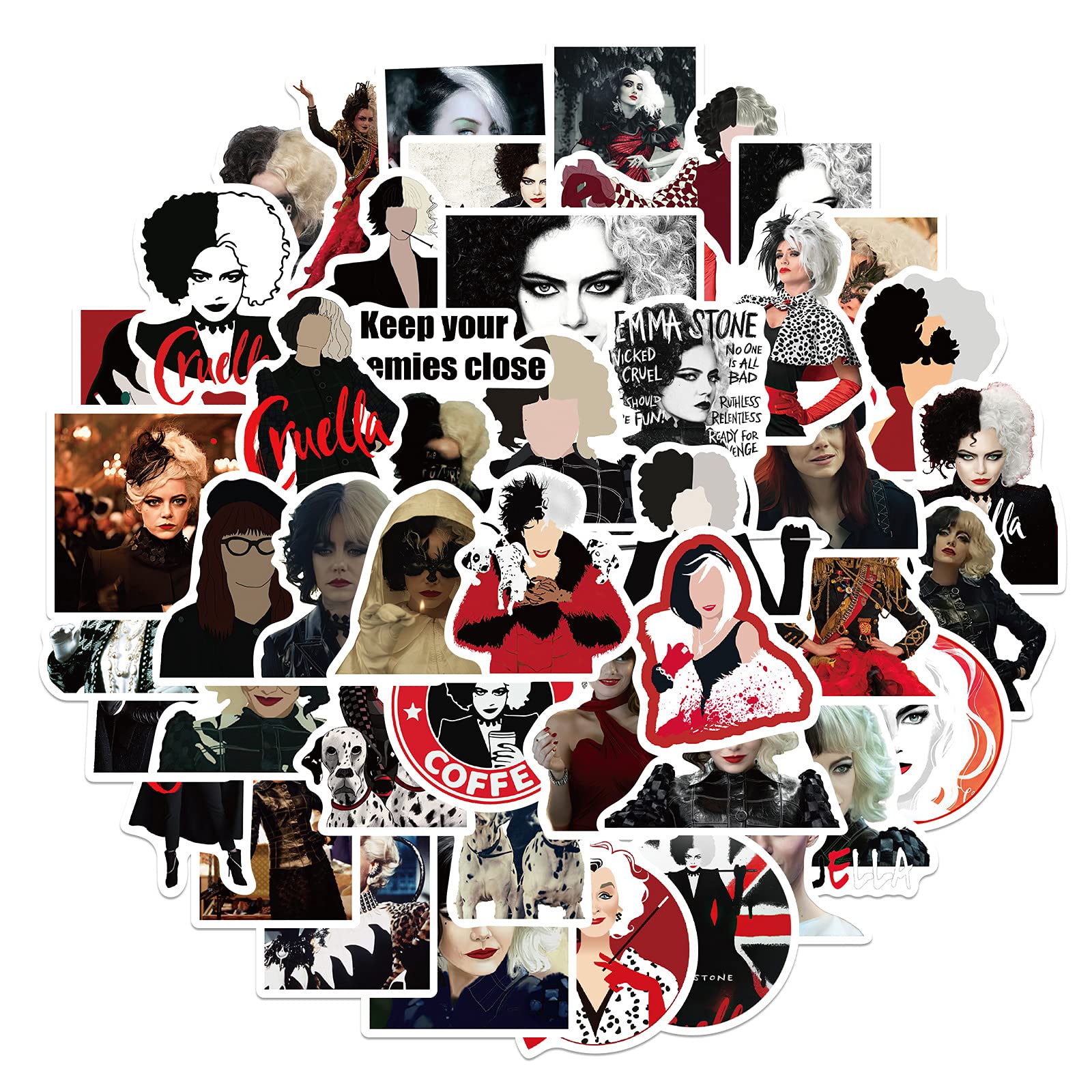 Stickers for Water Bottle, 50pcs Waterproof Decal for Laptop, Travel Case, Guitar, Phone, Skateboard, Bike (Cruella)