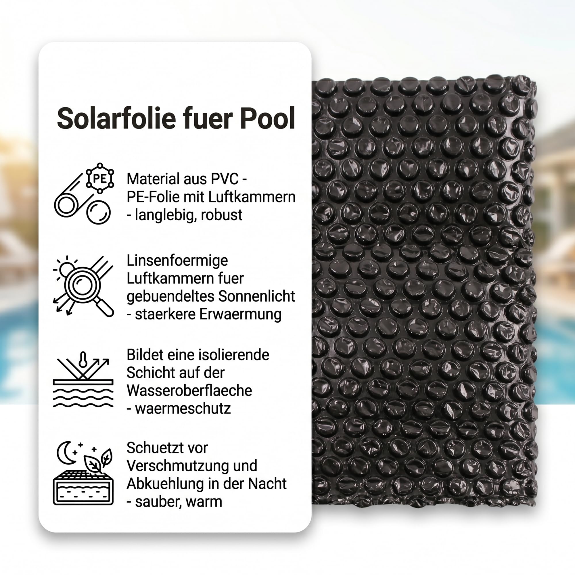 Mucola Pool Solarfolie Rund Ø 549 cm Schwarz – Poolabdeckung PVC mit Luftkammern und Ösen | spart bis zu 70% Heizkosten, reduziert Verdunstung, UV-beständig, zuschneidbar für großen Rundpool