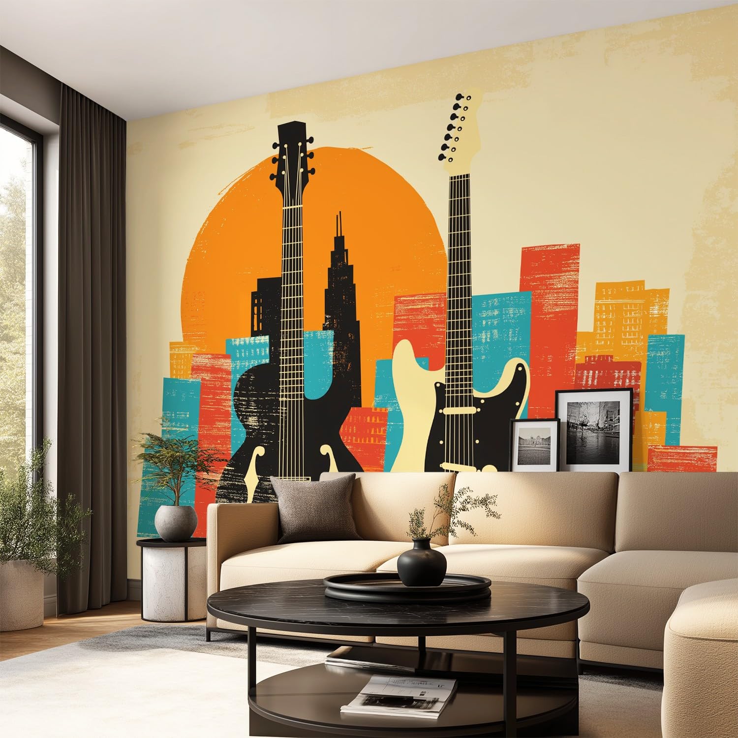 Tapeta geometryczna, vintage, ciepła - gitara, architektura, wzór miasta - tapeta na fizelinie dekoracja ścienna nowoczesna tapeta ścienna - tapeta z motywem - 300 x 210 cm