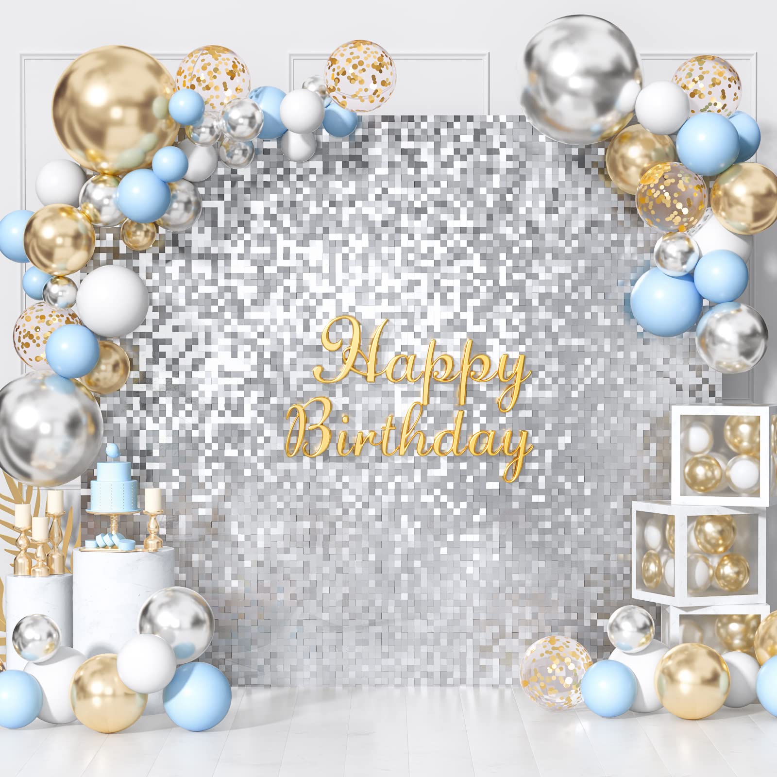 HUICYHFR Silver Shimmer Wall Backdrop - 48PCS Panels Square Sequin Shimmer Oversized Backdrop, Photo Backdrops for Birthday, Engagement, Anniversary Wedding Bachelorette Parties Decoration