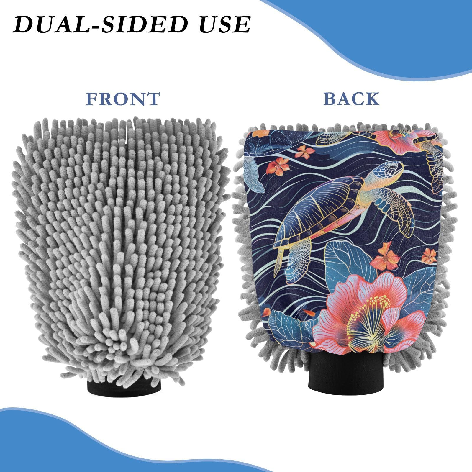 IOACIY Absorbent Microfiber Car Wash Drying Mitts, 2 Pack, Scratch-Free & Lint-Free, Rich Foam, Highly Absorbent, Double Sided, Wash Mitt Perfect for Car Washing, L, Sea Turtle (3)