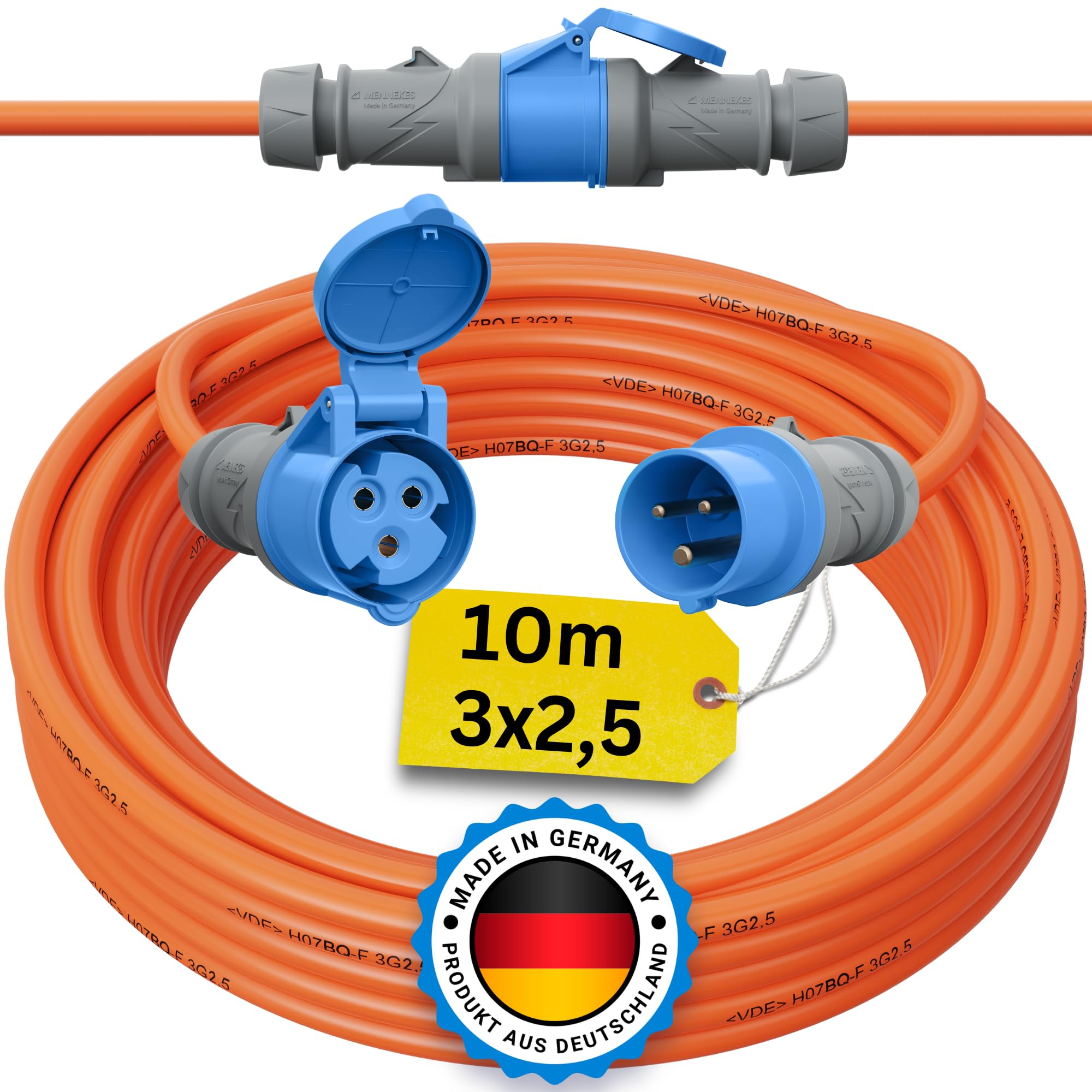 Camping Kabel 10 Meter CEE Verlängerungskabel 10m Außen H07BQ-F 3x2,5 Strom Wohnwagen Landstromanschluss Wohnmobil Caravan Orange Verlängerung Stromkabel Verlaengerungskabel Outdoor
