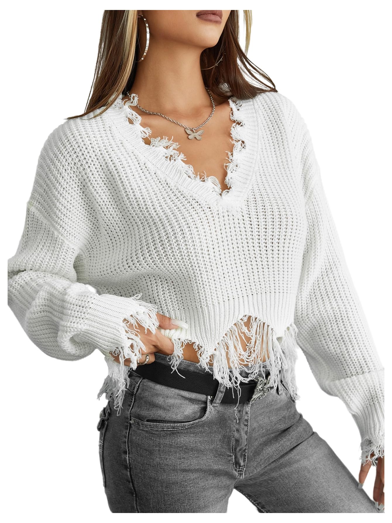 Floerns Womens Y2k Distressed Long Sleeve Sweater Ripped V Neck Loose Pullover Crop Tops