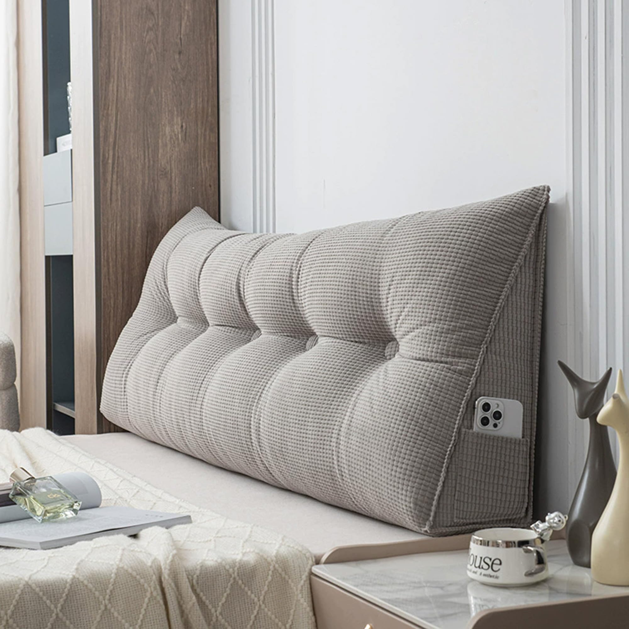 Hruile Wedge Reading Cushion for Bed, Large Headboards Pillow, Bed Backrest Positioning Support Pillow with Zipper, Back Lumbar Support Cushion for Relaxing Reading (60x50x20cm,Grey)