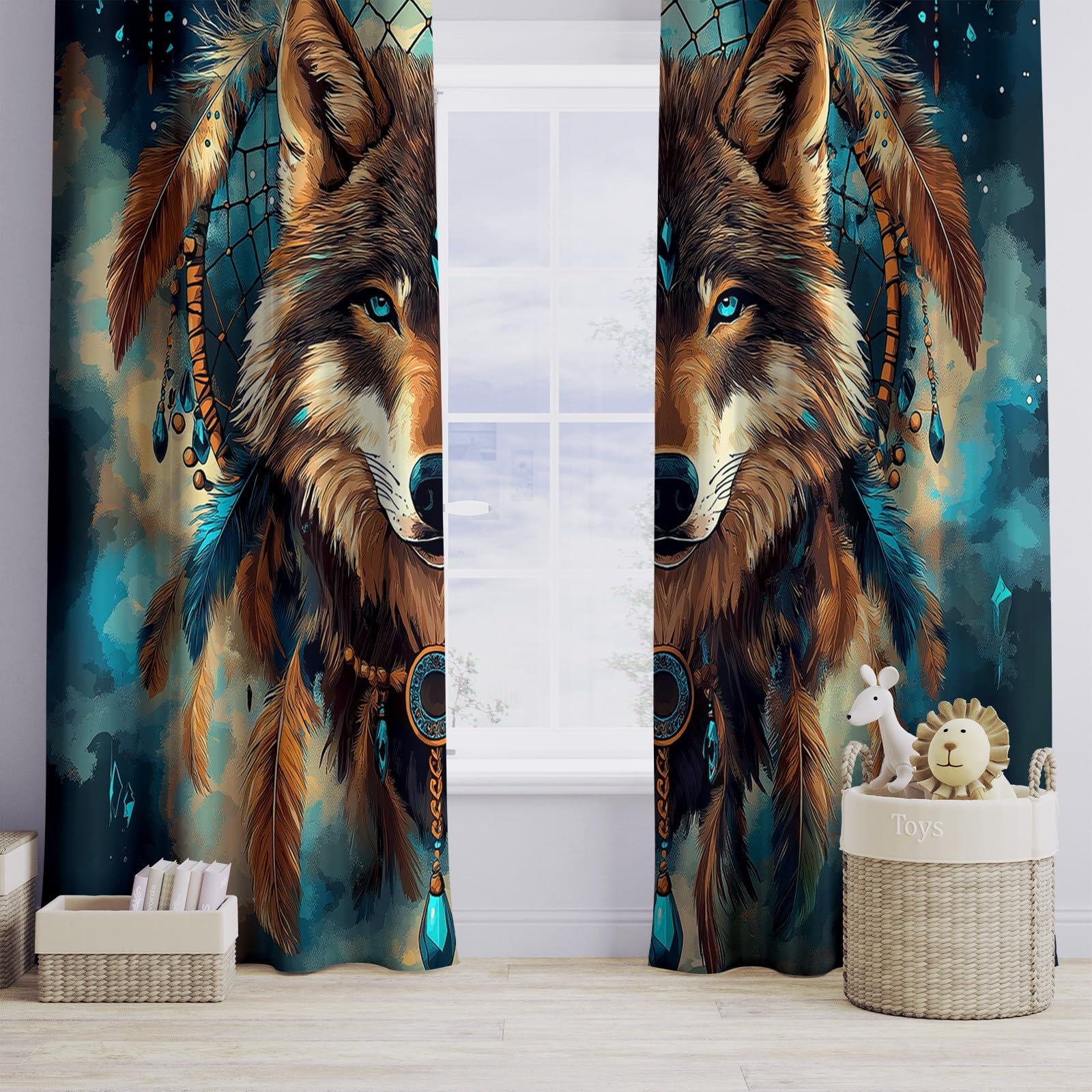 Generisch Blickdicht Vorhang Ösenschal Verdunkelungsvorhang 3D Traumfänger Wolfskopf Gardinen Kinderzimmer Wohnzimmer Thermovorhang Polyester H183 x B117 cm 2Er Set