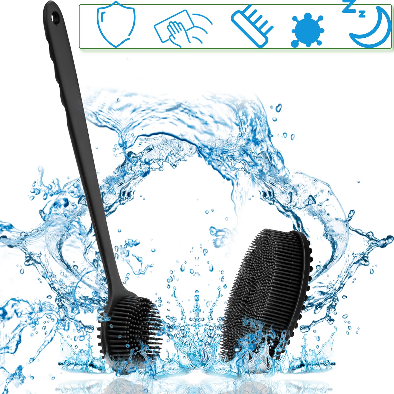 2 Pezzi Spazzola Schiena Doccia con Manico Lungo Spugna Silicone Corpo Nero Body Back Scrubber Lavaschiena per Doccia Esfoliante e Massaggio