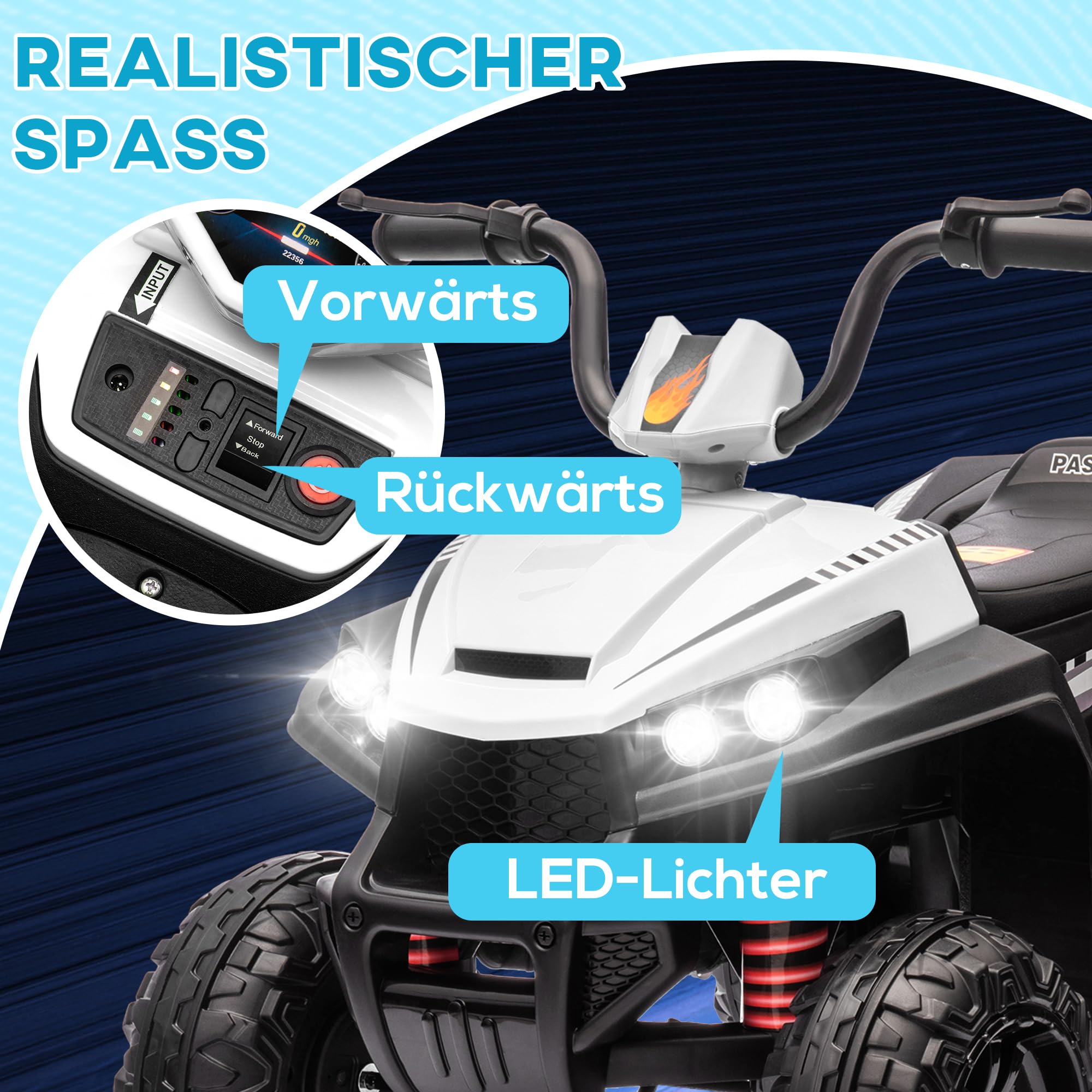 AIYAPLAY Elektro Quad für Kinder 12V Kinderquad mit 4-Rad-Federung, MP3-Musikplayer, Kinderfahrzeug mit Scheinwerfer, Vorwärts- und Rückwärtsgang, für 3-5 Jahre Kinder, 5 km/h, Metall, Weiß