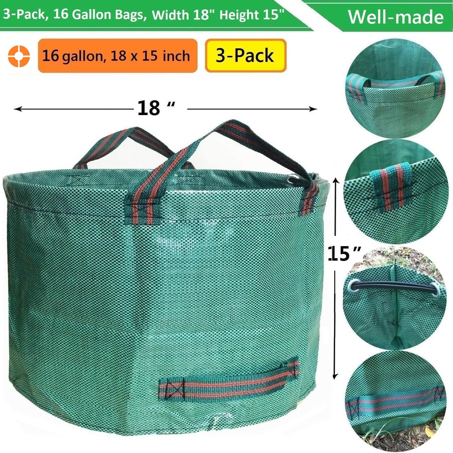 Standardowy zestaw 3 worków ogrodowych 46 l (D45,7 x H38,1 cm) z powlekanymi rękawicami ogrodniczymi, torbami na odpady z liści, torbą tarasową, kosz na śmieci wielokrotnego użytku, torbami na odpady