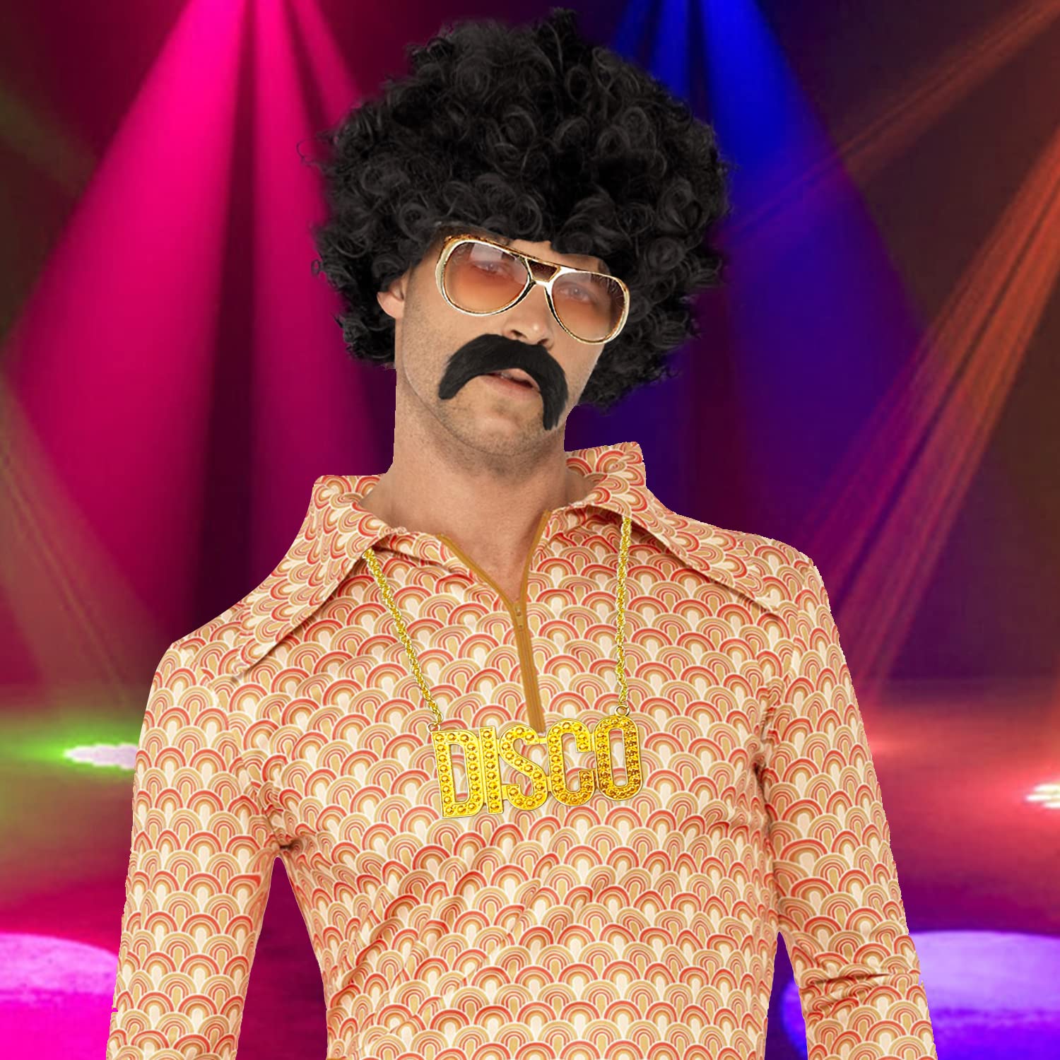 Set Costume Hippie Anni '70 - Parrucca Afro, Occhiali, Baffi E Collana, Per Feste - Foto 8