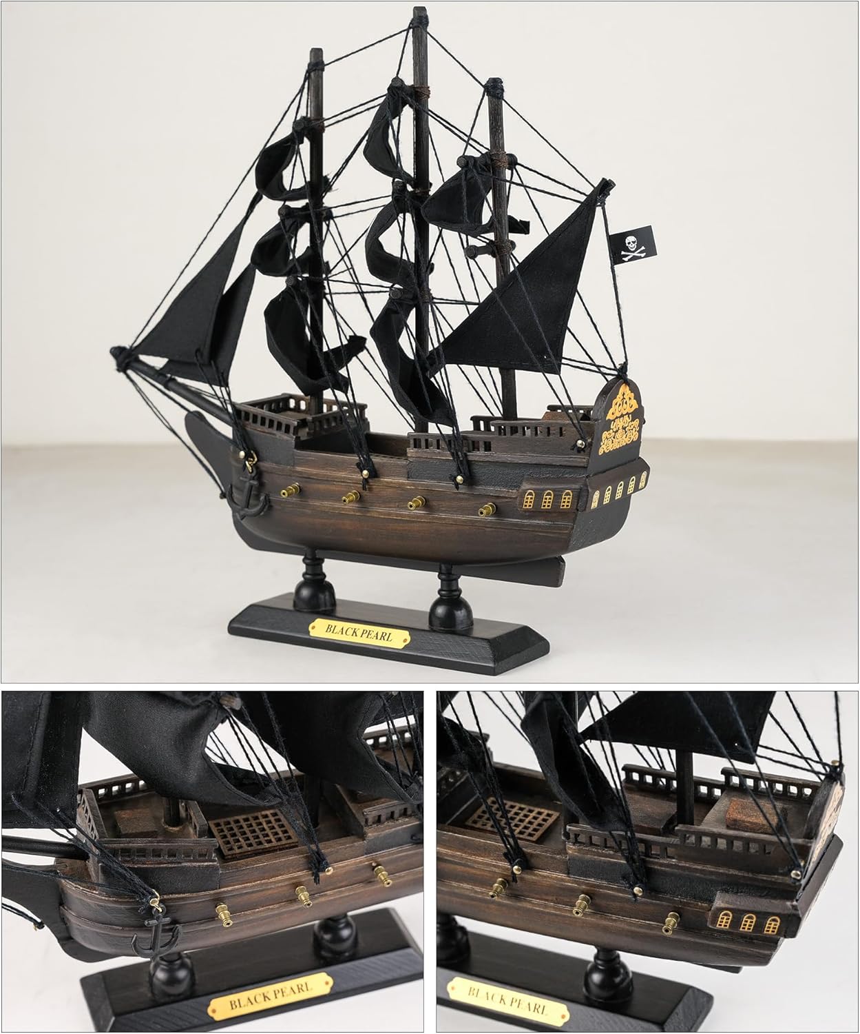 SAILINGSTORY Wooden Pirate Ship Model Black Pearl Sailing Ship Decor 10"