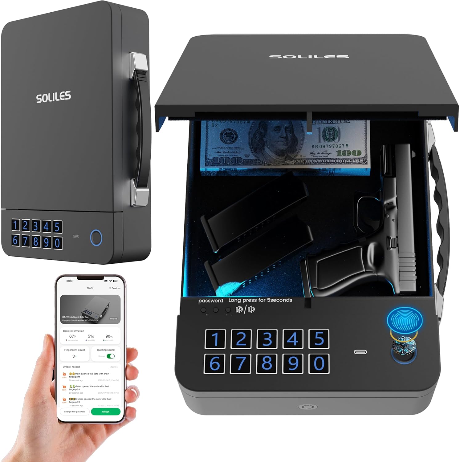 Biometric Gun Safe - 4-Way Unlock (APP/Fingerprint/PIN/Key) - 2000mAh Rechargeable - 100 Fingerprint Memory - Patented Lock Core - Silent Operation