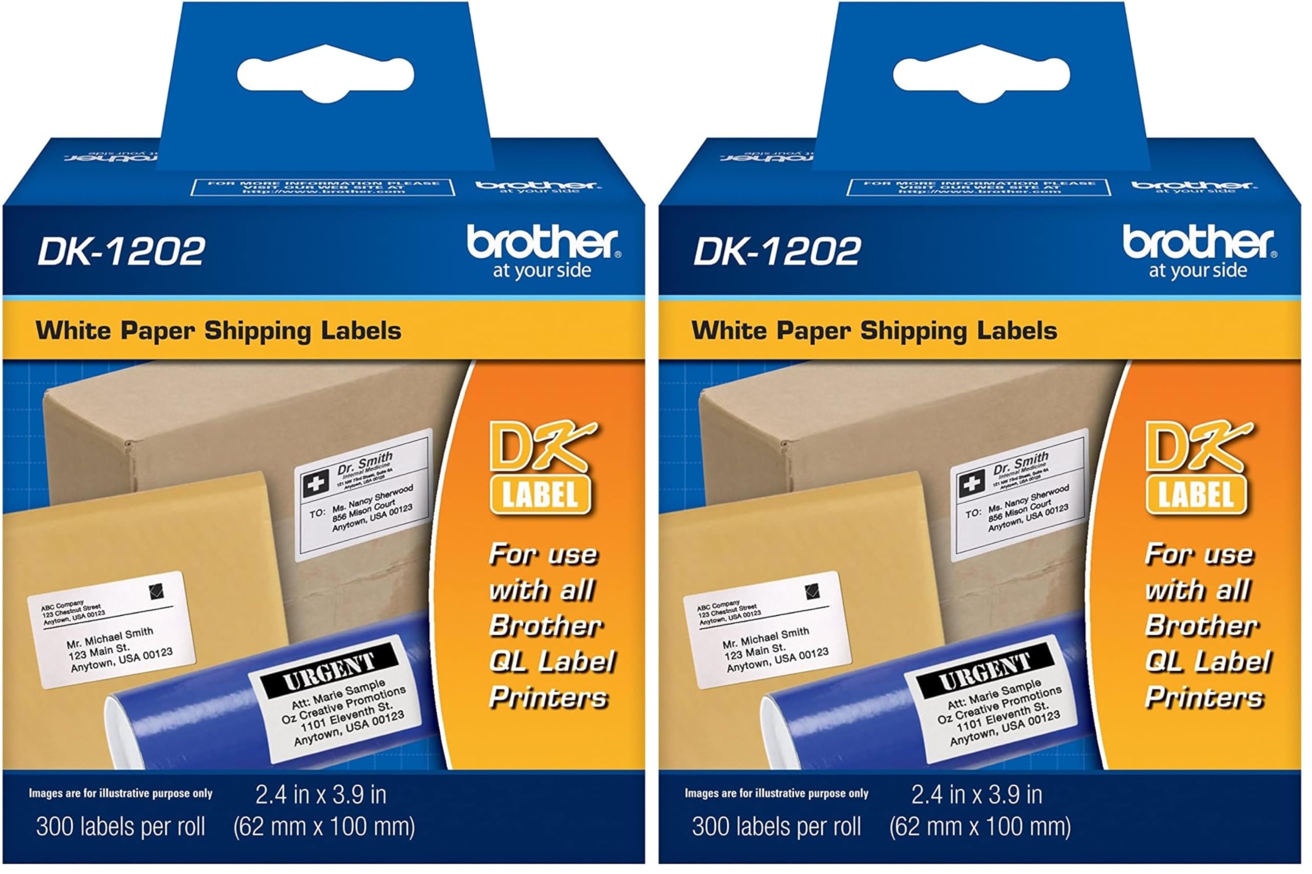 Brother Genuine DK-1202 Die-Cut Shipping Paper Labels, Long Lasting Reliability, 300 Labels Per Roll, (1) Roll per Box (Pack of 2)