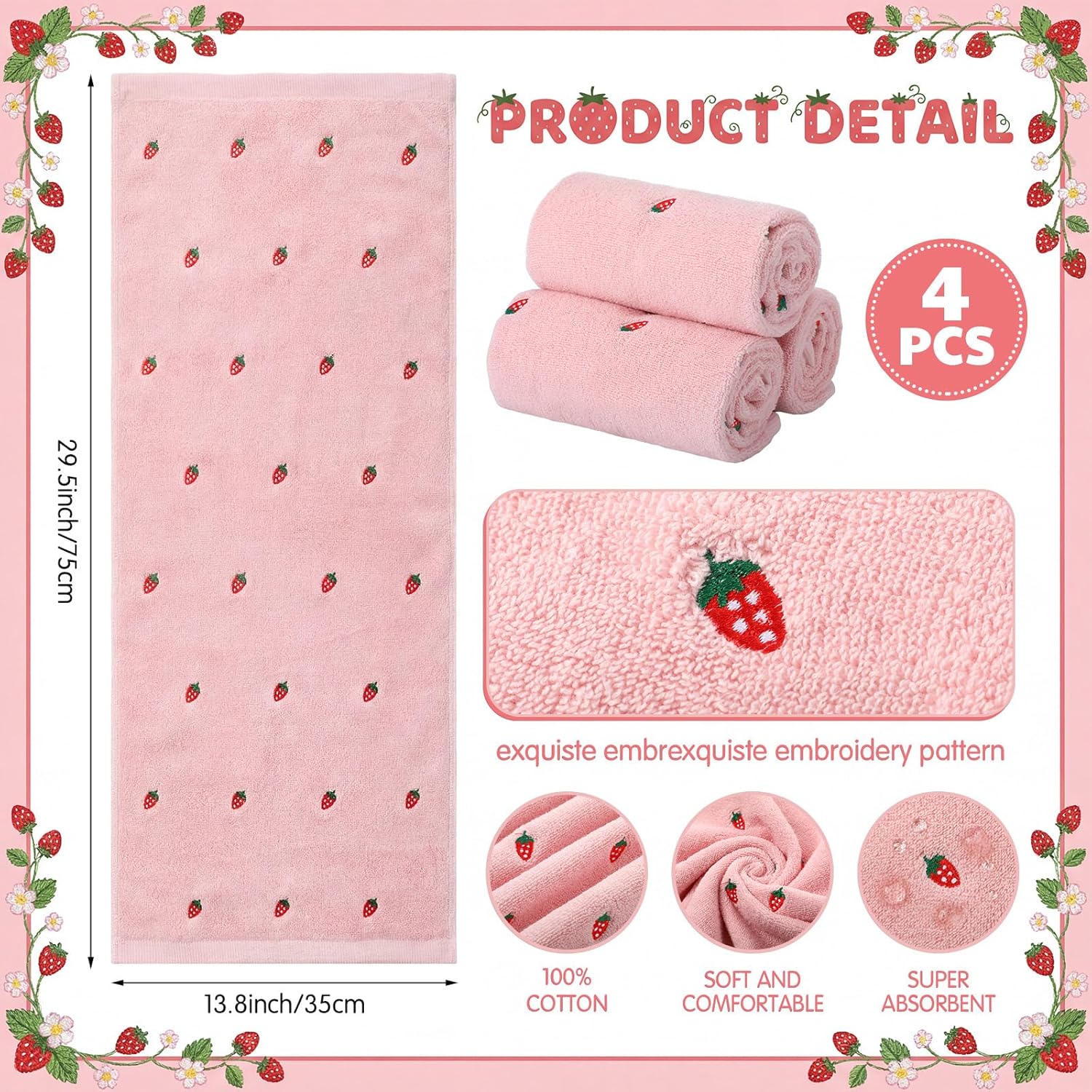 SmoothNovelty 4 Pcs Strawberry Hand Towels for Bathroom 13'' x 30'' Pink Strawberry Cotton Soft Embroidered Towels Summer Decorations Hand Towel Gifts Woman Man Face Kitchen Bath Gym Spa