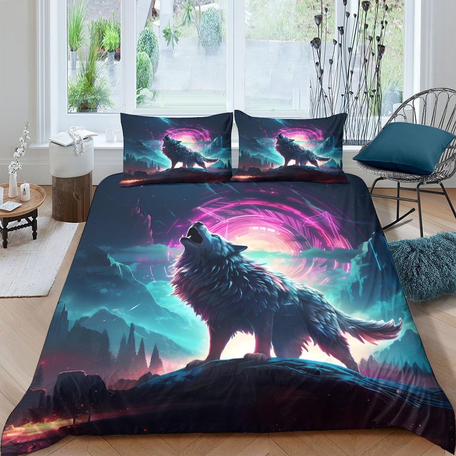 Ctjqhvkz Style-10 3D Printed Wolf Aurora Fitted Sheet Microfiber Anti-Slip Night Sky Mattress Cover For Bedroom Guest Room Decor Single（135X200cm）