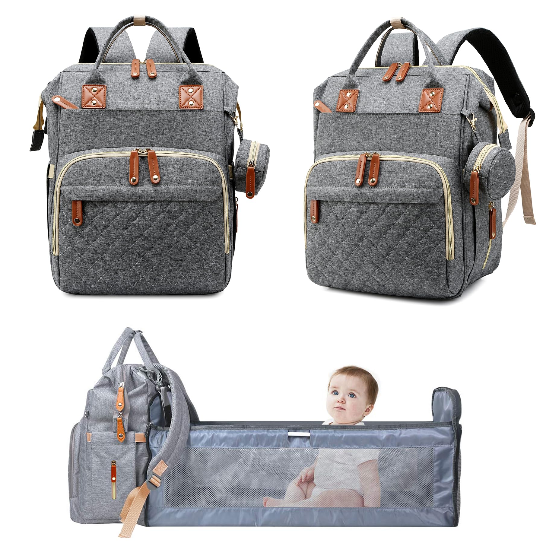 Fexkean 3 in 1 Foldable Waterproof Baby Changing Bag Backpack,Stylish Large Capacity Travel Diaper Bag with Stroller Straps-Grey — image 1