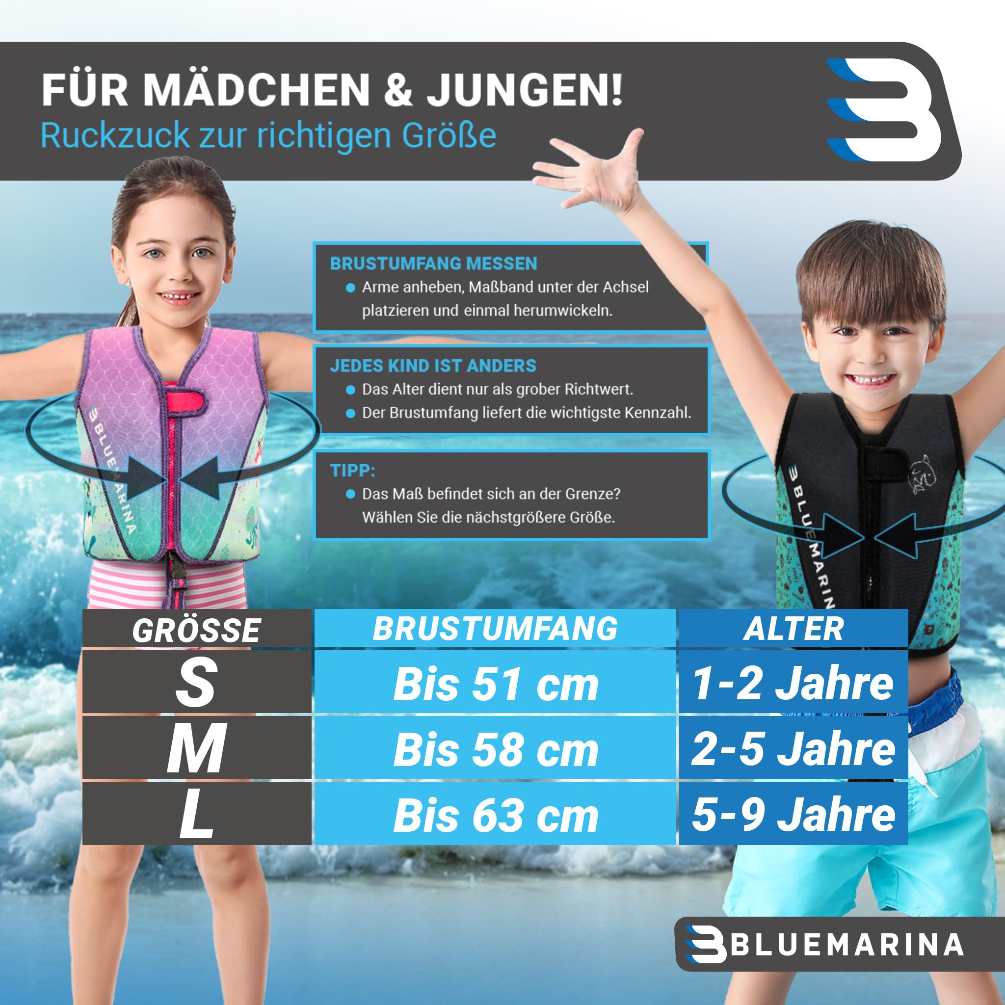 Bluemarina Schwimmweste für Kinder | Verschiedene Größen von Kleinkind bis Baby - Schwimmlernhilfe - Schwimmhilfe - Schwimmflügel - Schwimmring - Schwimm Weste für Kind ab 1-9 Jahren