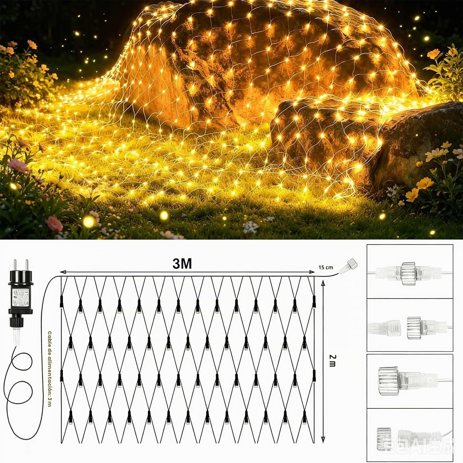 Joycome 2 Piezas Red de Luces Navidad Exterior 3x2m 200 LED Luces Navidad | Enchufe, Temporizador, 8 Modos, Impermeable Malla Luz para Balcon Jardín Terraza Escaparates Decoración - Blanco Cálido