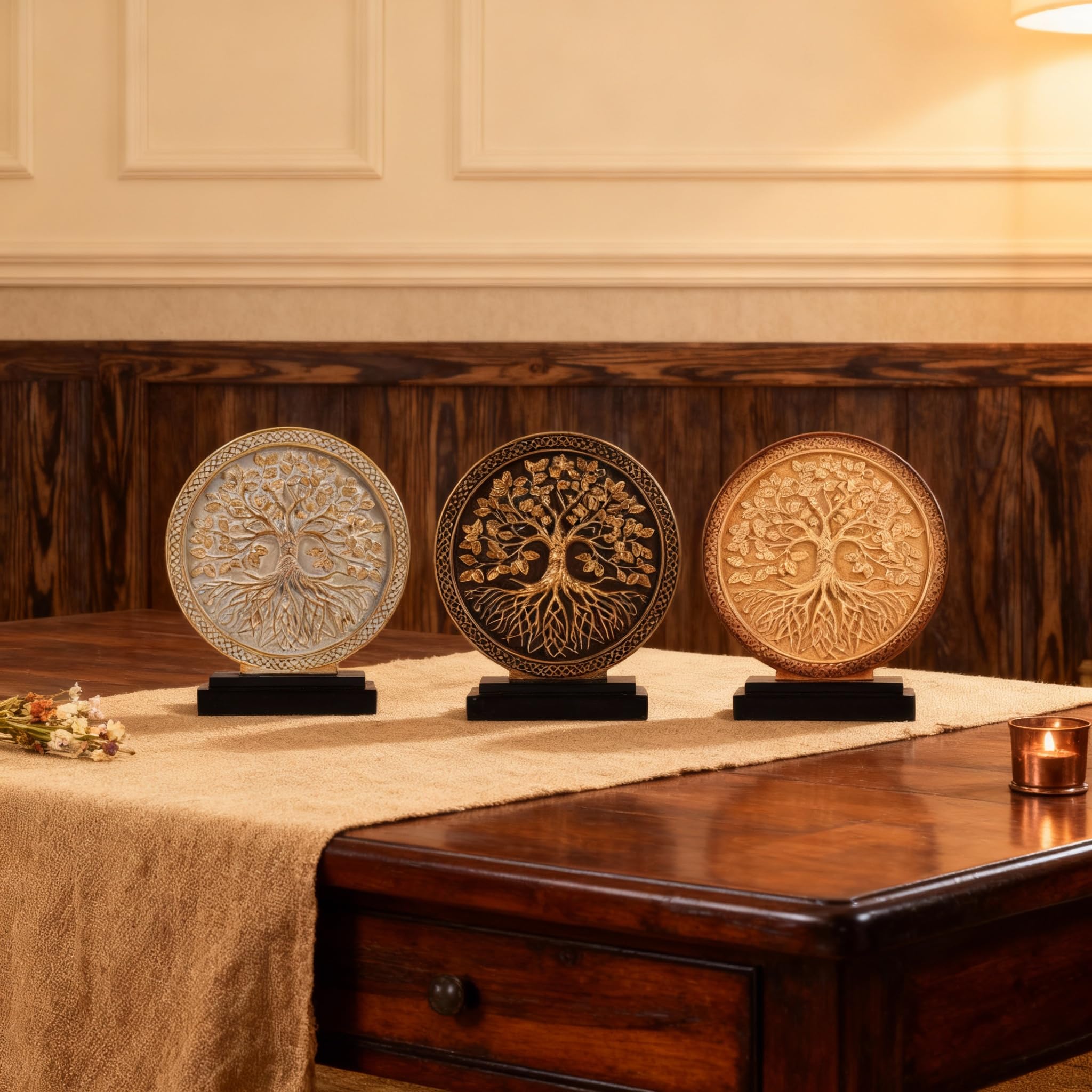 Scultura a forma di albero della vita, decorazione per la casa, sopra l'armadio della cucina, stile bohémien, decorazione per mensole, statua rotonda per libreria Credenza rustica shabby chic