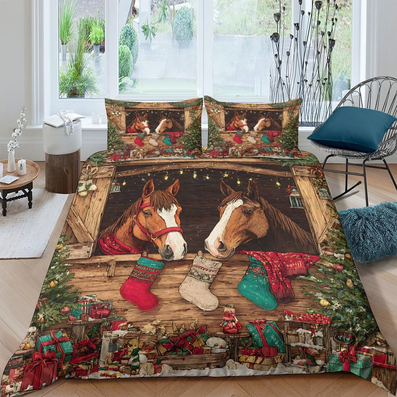 Ctjqhvkz Style-8 3D Printed Christmas Horse Fitted Sheet Microfiber Rustic Barn Mattress Cover For Bedroom Guest Room Decor Gift Single（135X200cm）