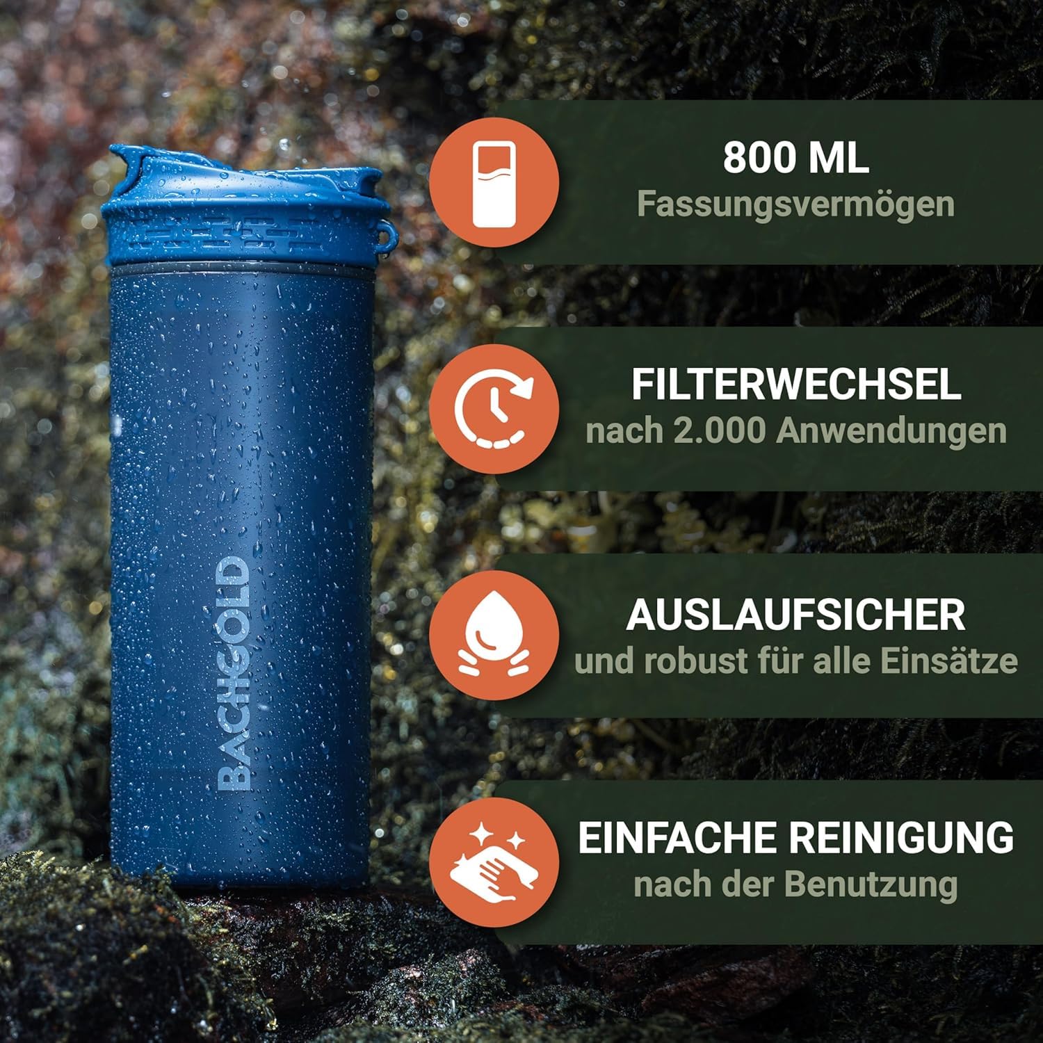 Bachgold® Outdoor Wasserfilter I Entfernt 99,99% aller Bakterien und filtert Mikroplastik, Partikel und Chlor I Blackout & Krisensicher (Ersatzfilter fur 800ml flasche)