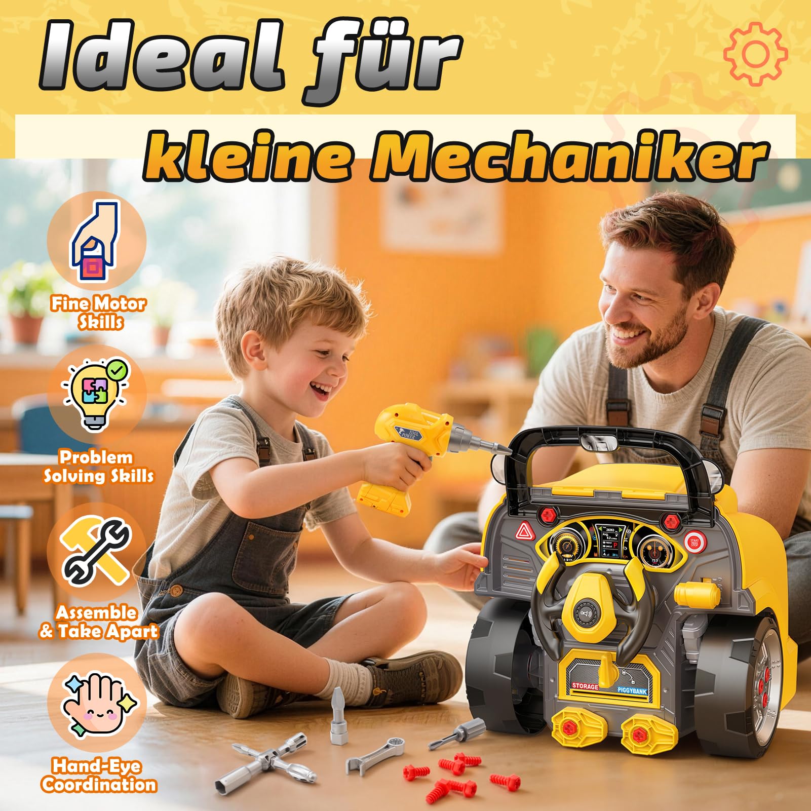 Naxudcoo Montageauto Spielzeug für Kinder ab 3 Jahren, Zerlegbarer Truck für Motorreparatur mit Licht und Sound, Akkuschrauber Kinderwerkzeug, Mechaniker Spielzeug, Geschenk für Jungen 3-6 Jahre