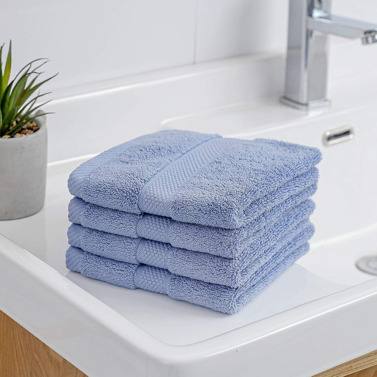 E ENASUE Cotton Washcloths, 4 Pack Thick Face Towel Set with Hanging Ring Design, Soft and Highly Absorbent Face-Cloth for Bathroom (Blue, Washcloths - Set of 4)