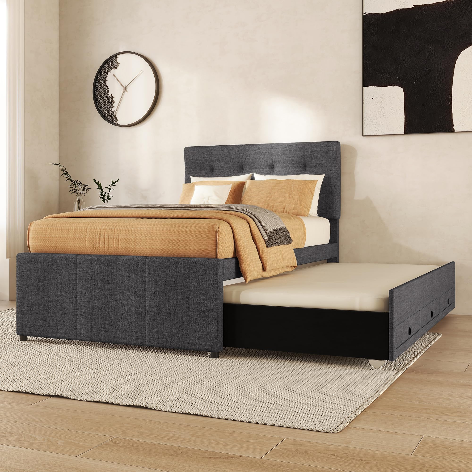 Cama tapizada, 90 x 200 cm, con cama nido de 90 x 190 cm, cama familiar, cama con tres cajones, cama enrollable extensible, cabecero ajustable, sin colchón (gris)