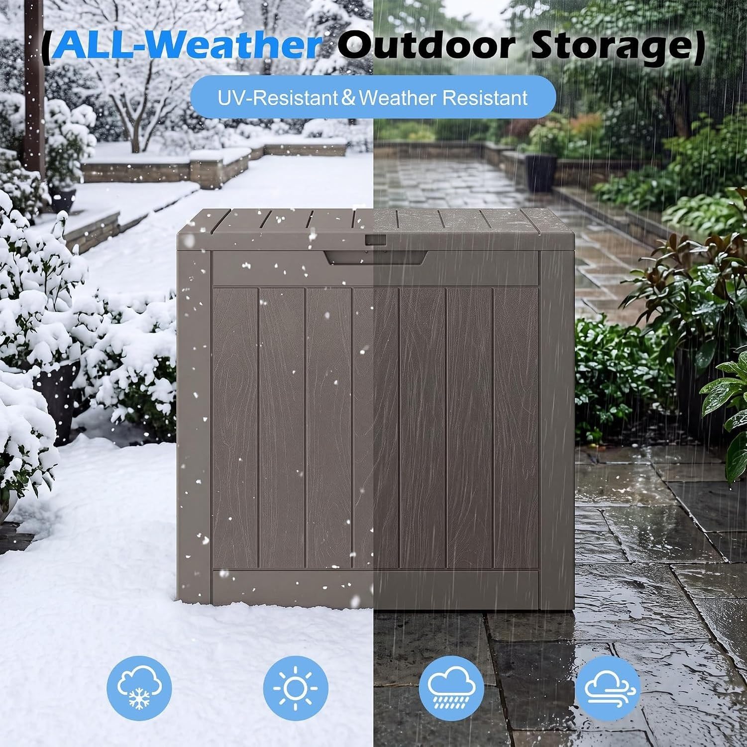 Baulera Exterior Impermeable 130L para Almacenaje Terraza, Rayado Gris