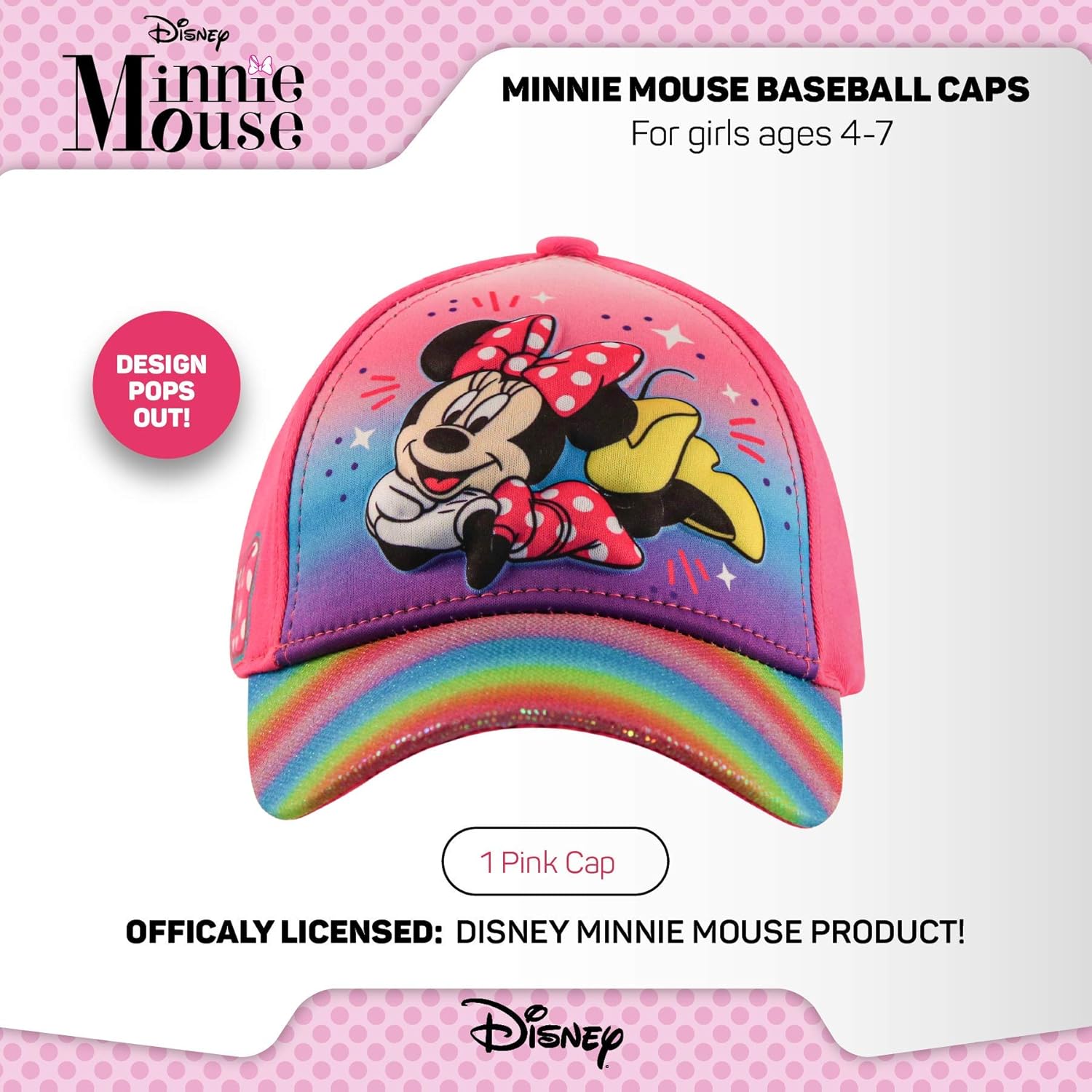 Disney Kids Hat, Minnie Mouse 3D Pop Baseball Cap for Girls Ages, Pink, Age 4-7 : Sports & Outdoors