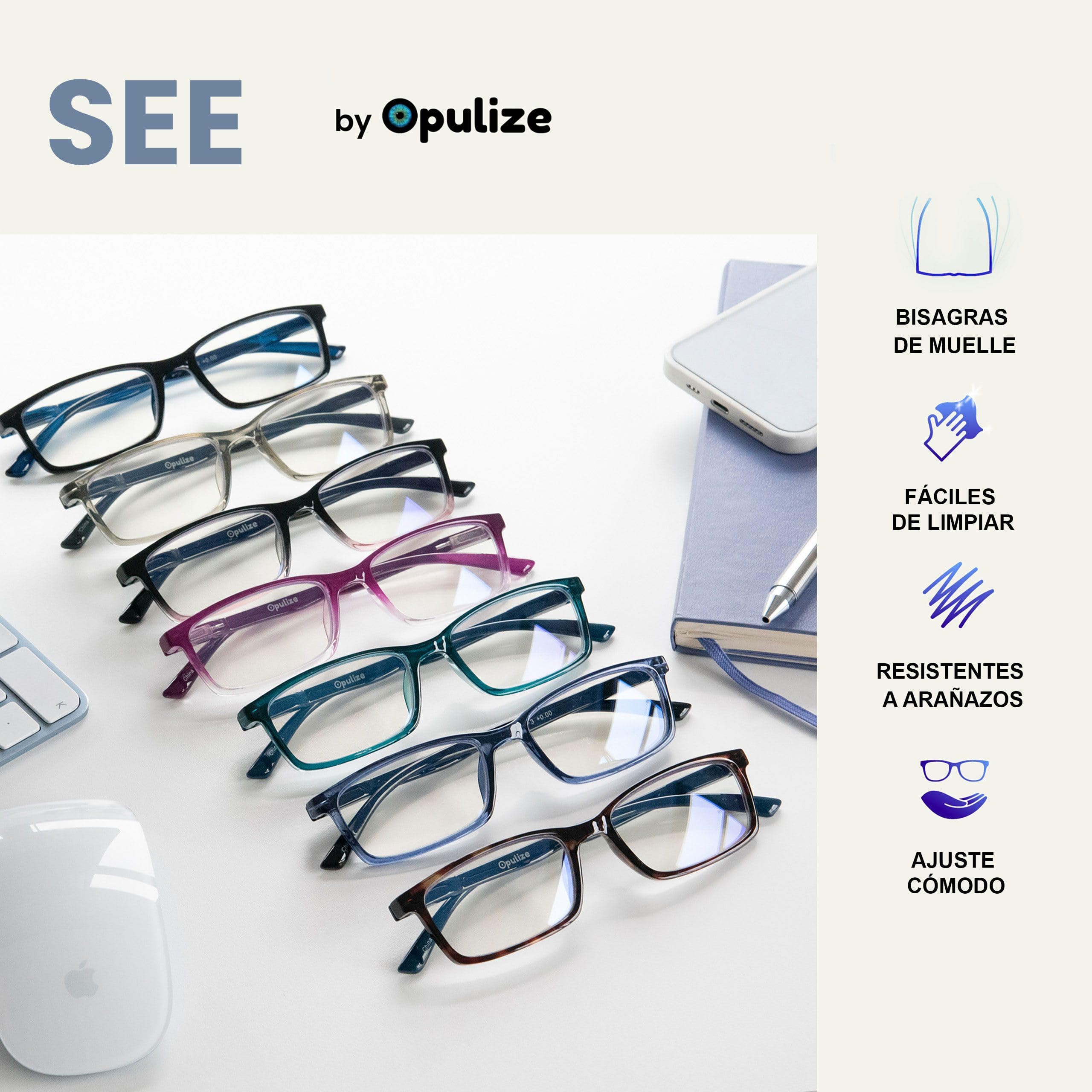 OPULIZE See Gafas Lectura Filtro Luz Azul x3 Estrecha Bisagras de Resorte Mejoran Sueño Reducen Dolor de Cabeza Ordenador Videojuegos Antirreflejante Rosa Morado Turquesa Hombre Mujer BBB9-45Q +2.00 - 5