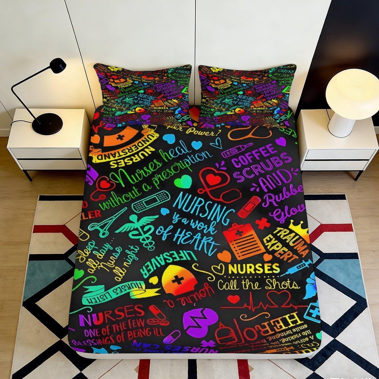 3D Printed Colorful Nursing Theme Fitted Sheet Microfiber Soft Breathable Medical Quotes Bed Cover for Bedroom Dormitory Guest Room Mattress Protection 90x200x25cm