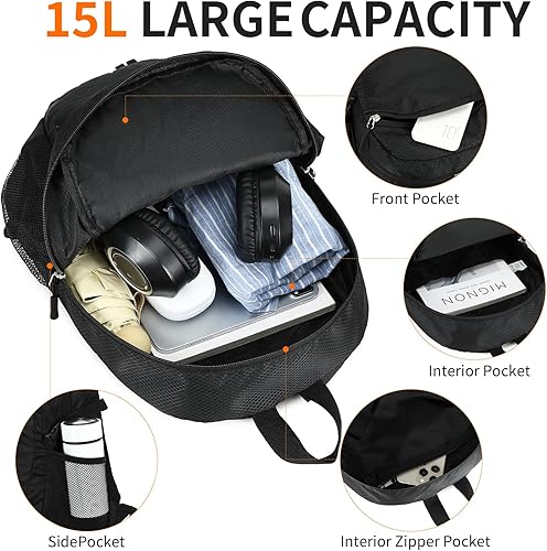 Miniatura 4 de Mochila de senderismo pequeña de viaje, ligera, plegable, resistente al agua, 15 litros, para viajes, mujeres, hombres, campamento (negro)