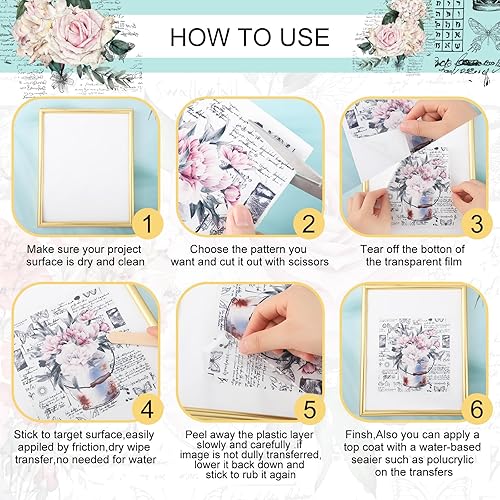 Miniatura 4 de BBTO 12 hojas de calcomanías de transferencia para manualidades y muebles, calcomanías de transferencia para madera, papel de bricolaje, decoración