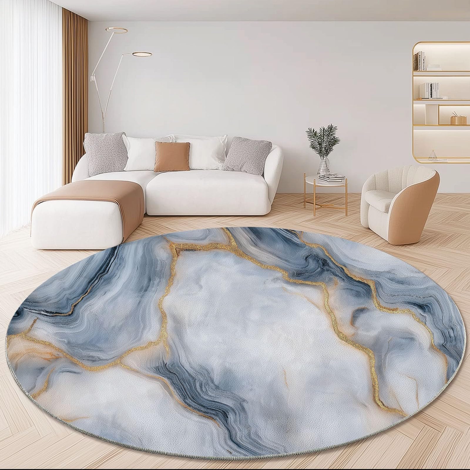 Tappeto Rotondo Moderno e Minimalista Effetto Marmo, 120 cm, Grigio, per Soggiorno, Area Circolare con Retro Antiscivolo, Lavabile, Morbido Tappeto Stampato per Camera da Letto, co
