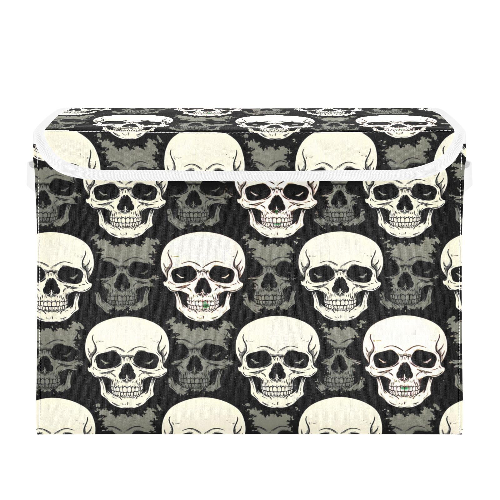 Ewusp Skull Fabric Storage Bin with Lid, Decorative Foldable Storage Basket with Handles, Stackable Closet Shelf Organiser Box for Clothes, Books, Bedroom, Living Room