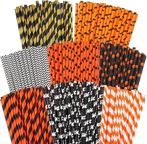 Miniatura 1 de 500 pajitas de papel de Halloween, 8 estilos, desechables, color negro y naranja, rayas bicolor, mezcla de pajitas para fiestas de Halloween