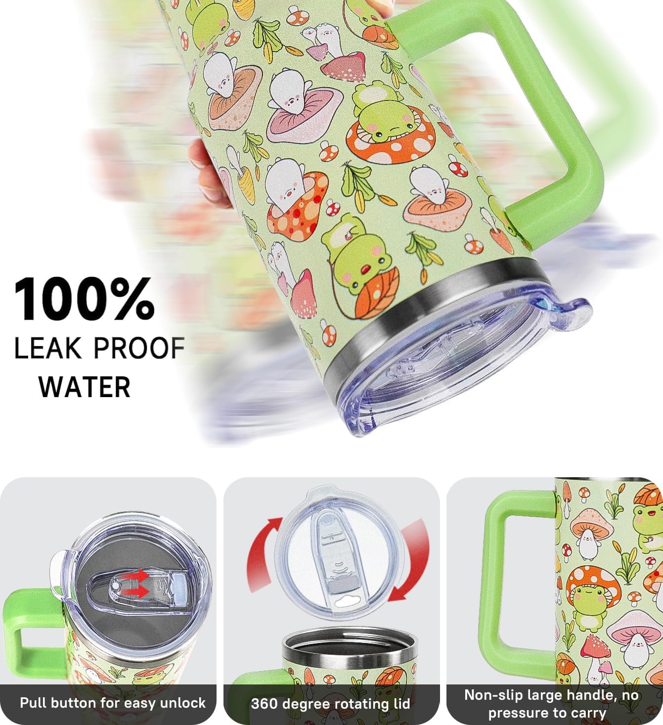 Frog Tumbler Cute Mushroom Tumbler 40 oz Kawaii Frog Gifts for Women Cute Cups Coffee Travel Mug with Handle Leak Proof Insulated Frogs Decor Stuff - Image 5