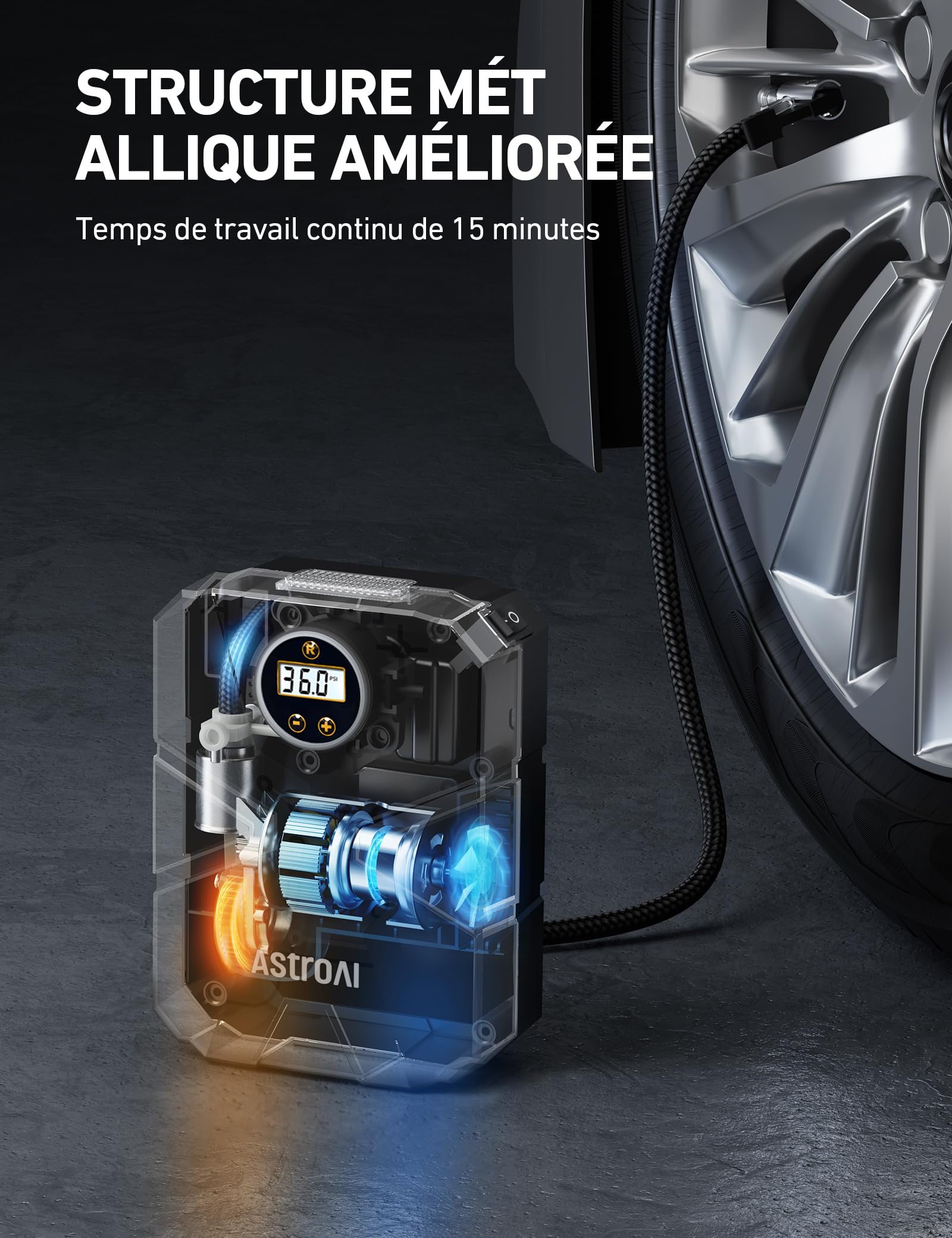 AstroAI Gonfleur Pneus Voiture Portable 12V DC 150 PSI, Compresseur à Air Portatif, Arrêt Automatique, Gonflage Rapide à 36 PSI en 1 Min, Lumière LED, Accessoires Polyvalents pour Vélos Ballons Bouées